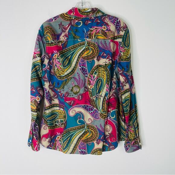 Vintage tan pink blue paisley button front office preppy top 10 - Picture 5 of 5